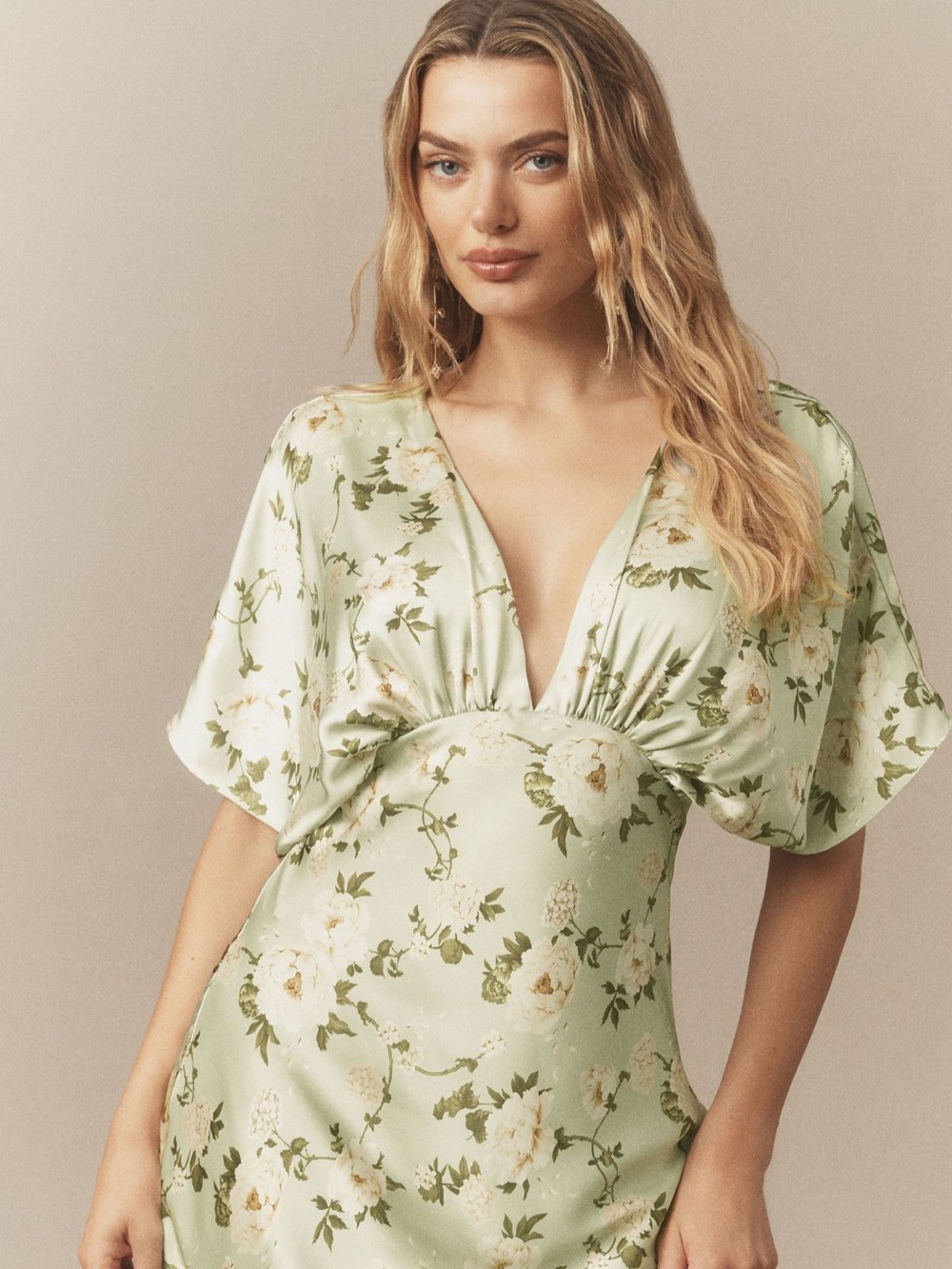 BHLDN Amelia Deep-V Flutter-Sleeve Satin A-Line Gown